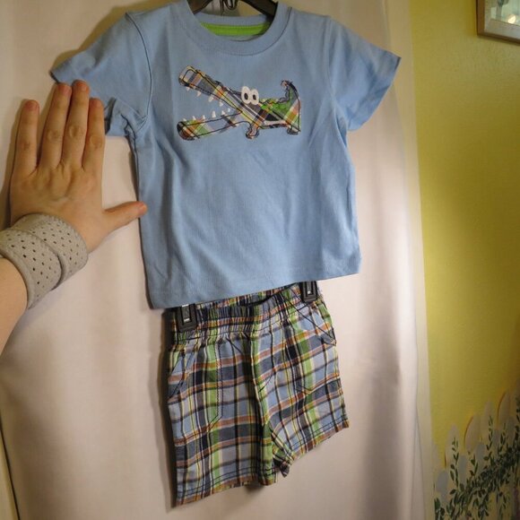 Baby Plaid Alligator Crocodile 2pc shirt & shorts 9mts 100% cotton embroidered - Picture 1 of 8